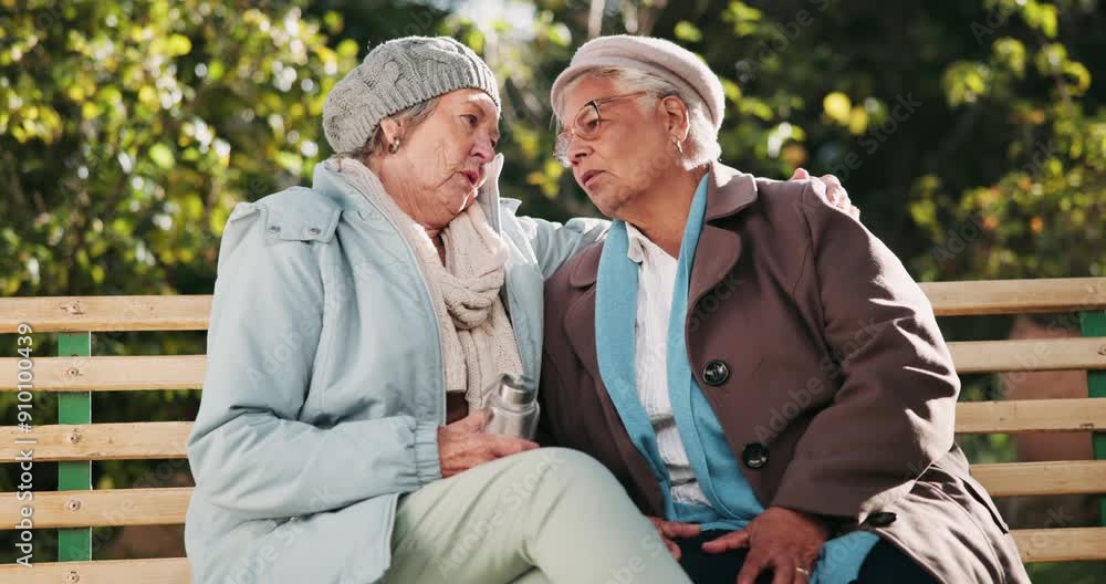 Talking, support and hug with old women in park together for bonding or retirement. Empathy, love and sad people with senior friends embracing outdoor in garden or nature for community or trust Talking, support and hug with old women in park together for bonding or retirement. Empathy, love and sad people with senior friends embracing outdoor in garden or nature for community or trust