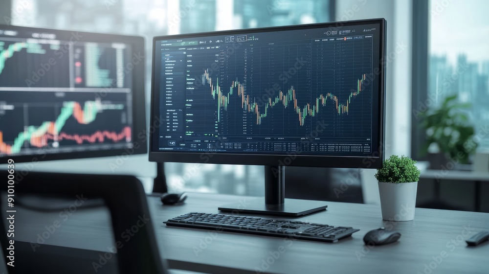 idea of buying and selling bitcoins online. A modern computer monitor and cryptocurrency index data are displayed in an empty office diagram. idea of buying and selling bitcoins online. A modern computer monitor and cryptocurrency index data are displayed in an empty office diagram.