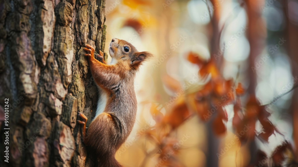A squirrel clinging to a tree trunk amidst an autumn forest, with golden leaves creating a warm and serene atmosphere. A squirrel clinging to a tree trunk amidst an autumn forest, with golden leaves creating a warm and serene atmosphere.