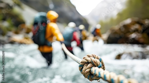 Group of hikers pulling a rope to cross a river, team rope, adventure and cooperation