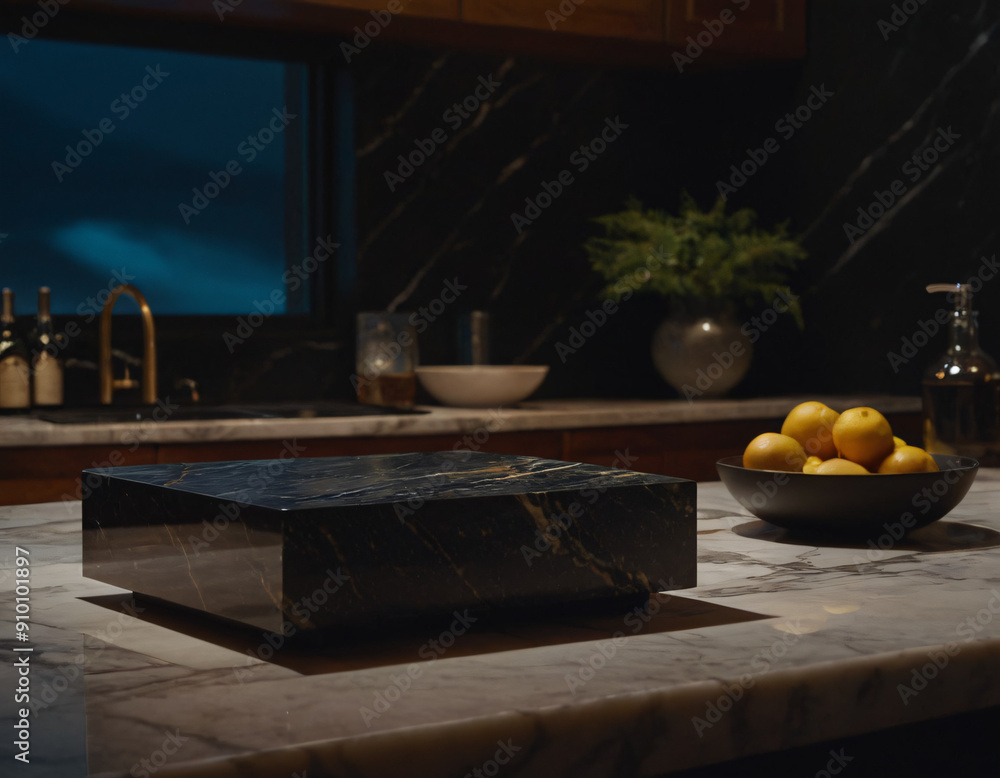 A copy space for displaying products on a neutral marble tabletop in a dark room at night. A copy space for displaying products on a neutral marble tabletop in a dark room at night.
