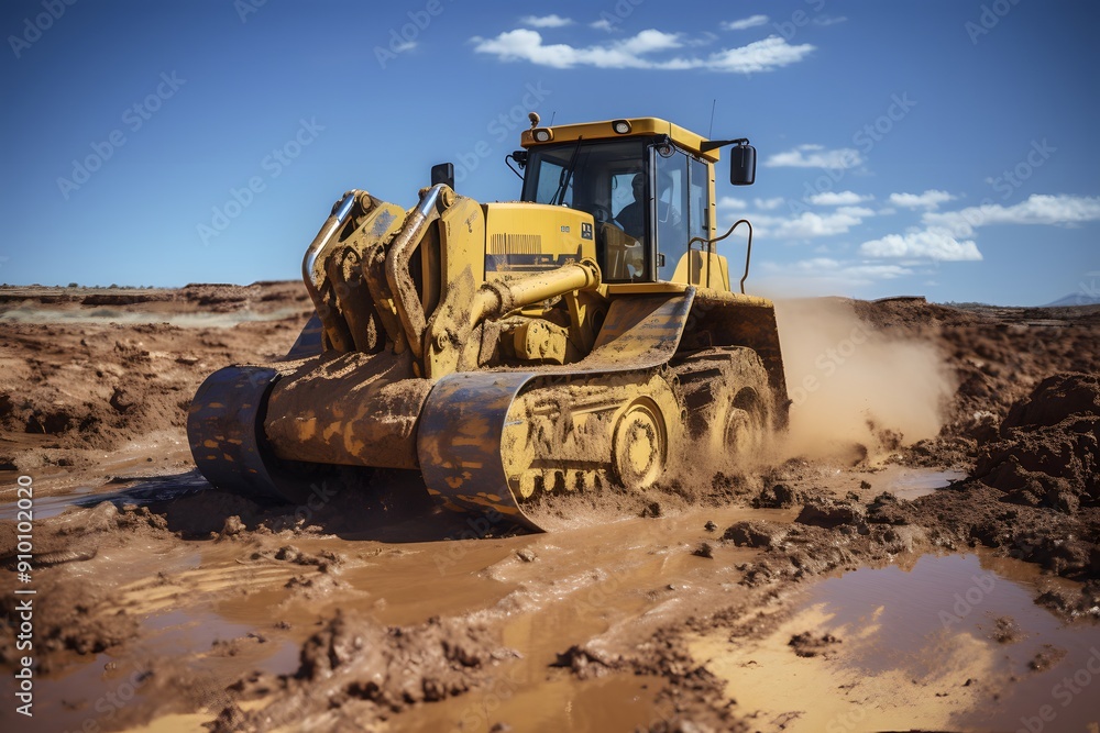 Obraz premium Yellow Bulldozer Driving Through Muddy Terrain