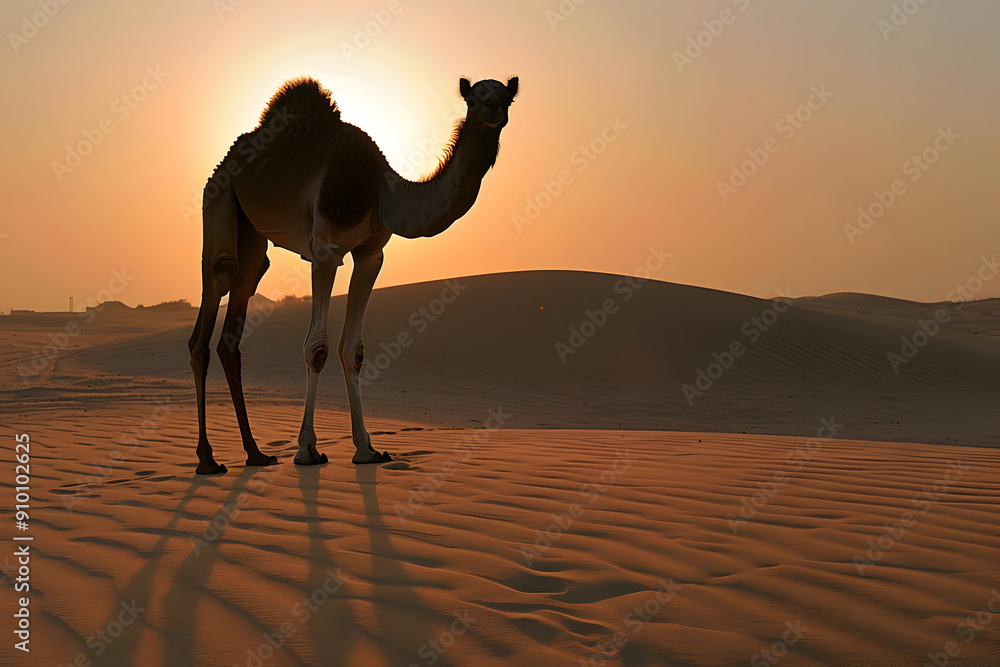 Camel Silhouette in Desert Sunset - Photo Camel Silhouette in Desert Sunset - Photo