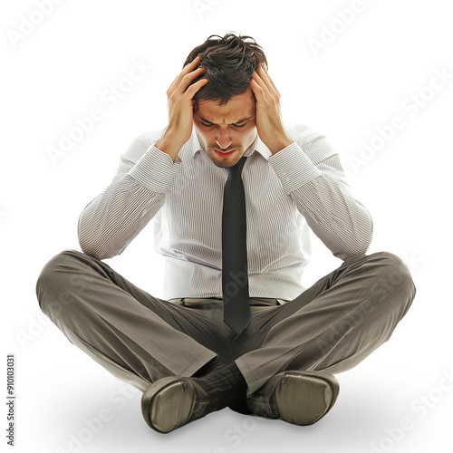 Downcast businessman sitting with head in hands, expression etched in dejection as the weight of his troubles overwhelms him. Cut out, transparent png, add your own background. Faint shadow.
