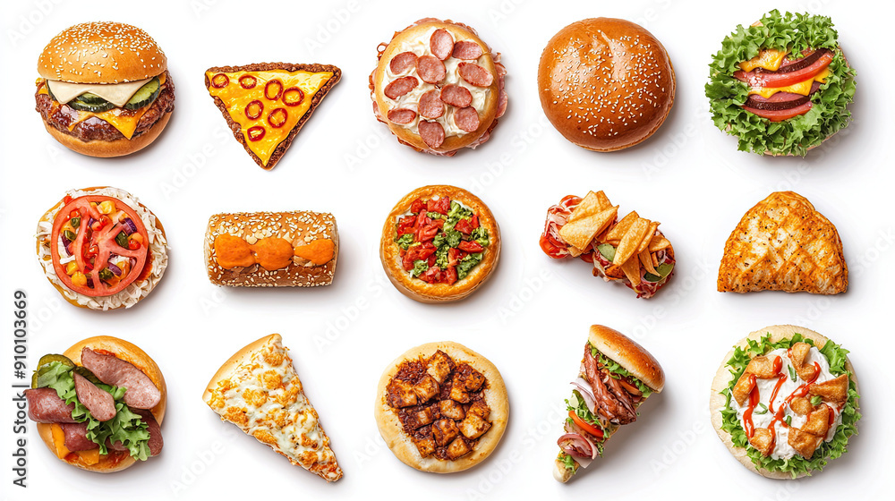 Top View of Fast Food Collection Set Isolated on White Background, Assorted Fast Food Items, Classic Fast Food Spread, Burgers, Fries, and More, Delicious Food Variety, High-Quality Fast Food Photo Top View of Fast Food Collection Set Isolated on White Background, Assorted Fast Food Items, Classic Fast Food Spread, Burgers, Fries, and More, Delicious Food Variety, High-Quality Fast Food Photo