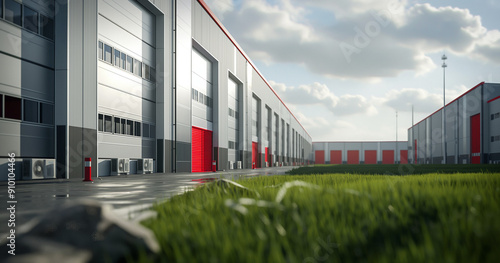 Exterior of a gray industrial warehouse dock station with white walls and red edges, surrounded by green grass. Commercial storehouse building, business unit, cargo factory, distribution, logistics.