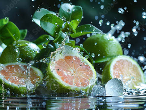 Vibrant FEIJOA splashing with water and ice on elegant black background Fresh picked green feijoa fruits on a light plate photo