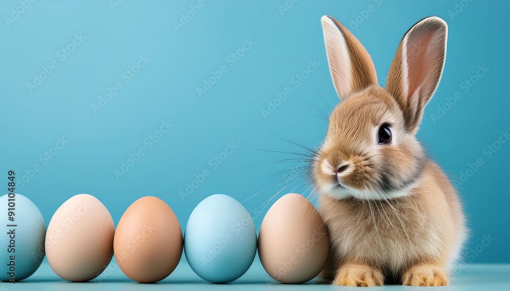 Easter bunny on a pastel blue background. Ample copy space. Banner design perfect for a seas Easter bunny on a pastel blue background. Ample copy space. Banner design perfect for a seas