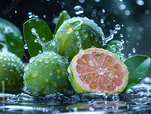 Vibrant FEIJOA splashing with water and ice on elegant black background Fresh picked green feijoa fruits on a light plate photo