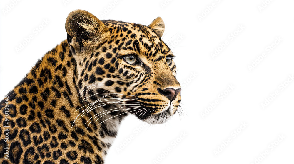 Obraz premium Portrait of Leopard Isolated on White Background, Detailed Leopard Face, Majestic Wild Cat, Close-Up Leopard Image, Beautiful Animal Portrait, Exotic Wildlife, High-Quality Photo