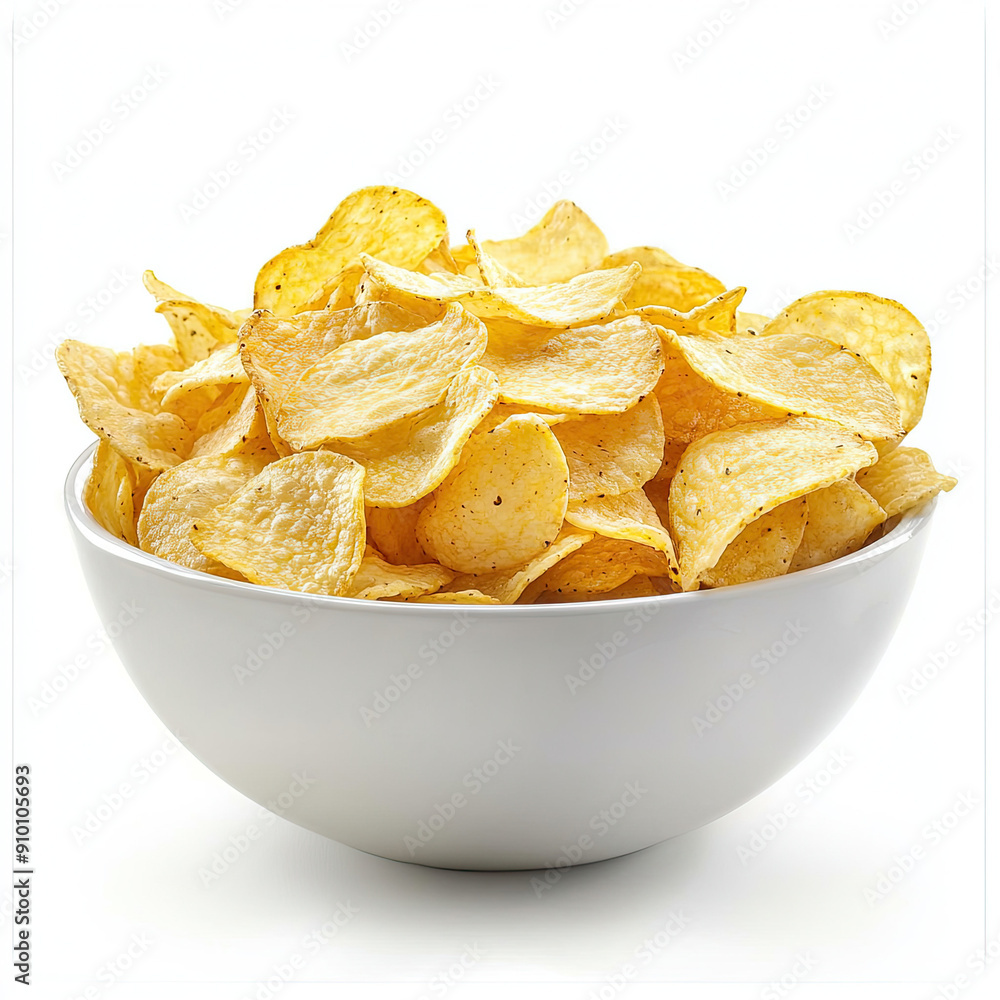 Potato Chips in Bowl Isolated on White Background, Crispy Snack, Classic Potato Chips, Delicious Crunchy Chips, Freshly Fried Chips, Tasty Snack Food, Clean Presentation Potato Chips in Bowl Isolated on White Background, Crispy Snack, Classic Potato Chips, Delicious Crunchy Chips, Freshly Fried Chips, Tasty Snack Food, Clean Presentation