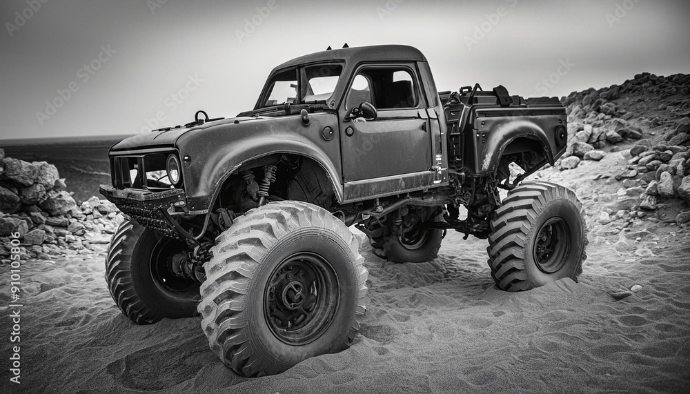 Apocalyptic old rust heavy duty car in desert, monochrome image Apocalyptic old rust heavy duty car in desert, monochrome image