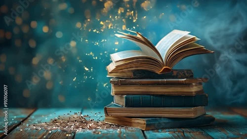 An enchanting display of books hovering with sparkles in a warm, international book day
