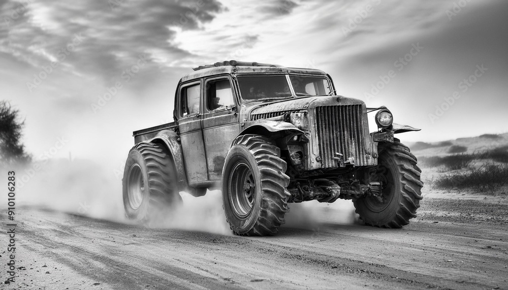 Apocalyptic old rust heavy duty car in desert, monochrome image Apocalyptic old rust heavy duty car in desert, monochrome image