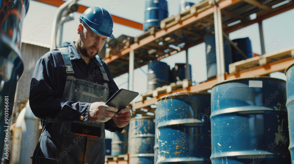 An industrial worker in protective gear uses a tablet amidst rows of blue metal barrels, managing operations in a bustling industrial setting. An industrial worker in protective gear uses a tablet amidst rows of blue metal barrels, managing operations in a bustling industrial setting.