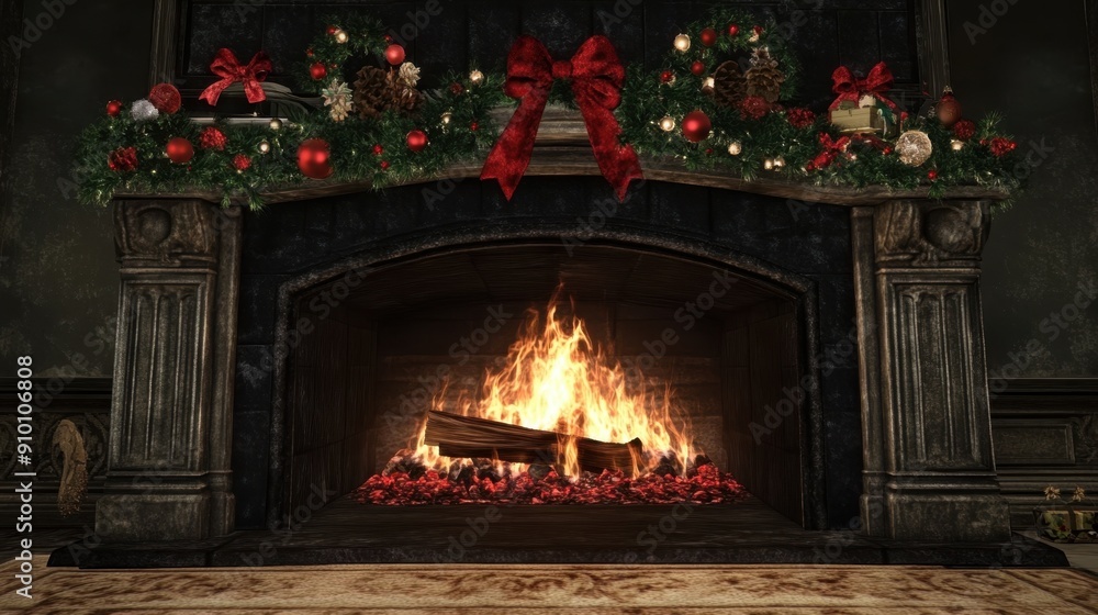 Festive Christmas Fireplace Decorated with Ornaments and Garland Festive Christmas Fireplace Decorated with Ornaments and Garland