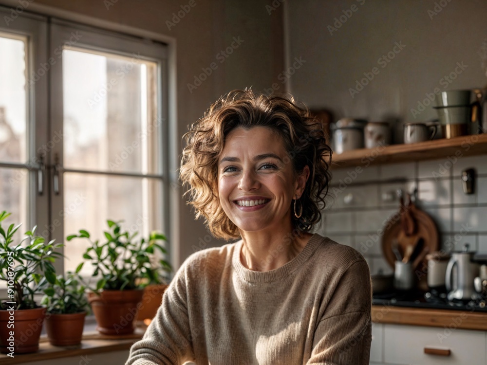 middle-aged woman with short curly hair smiling happily in the kitchen of her home middle-aged woman with short curly hair smiling happily in the kitchen of her home