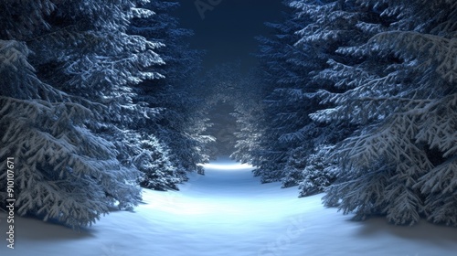 Enchanting Winter Night in Snowy Pine Forest Scene