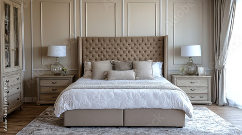 Stylish Bedroom Interior with Large Comfortable Bed and Chest of Drawers  Modern Home Decor  Cozy Sleeping Area  Elegant Bedroom Design  Contemporary Furniture  Inviting Sleep Space