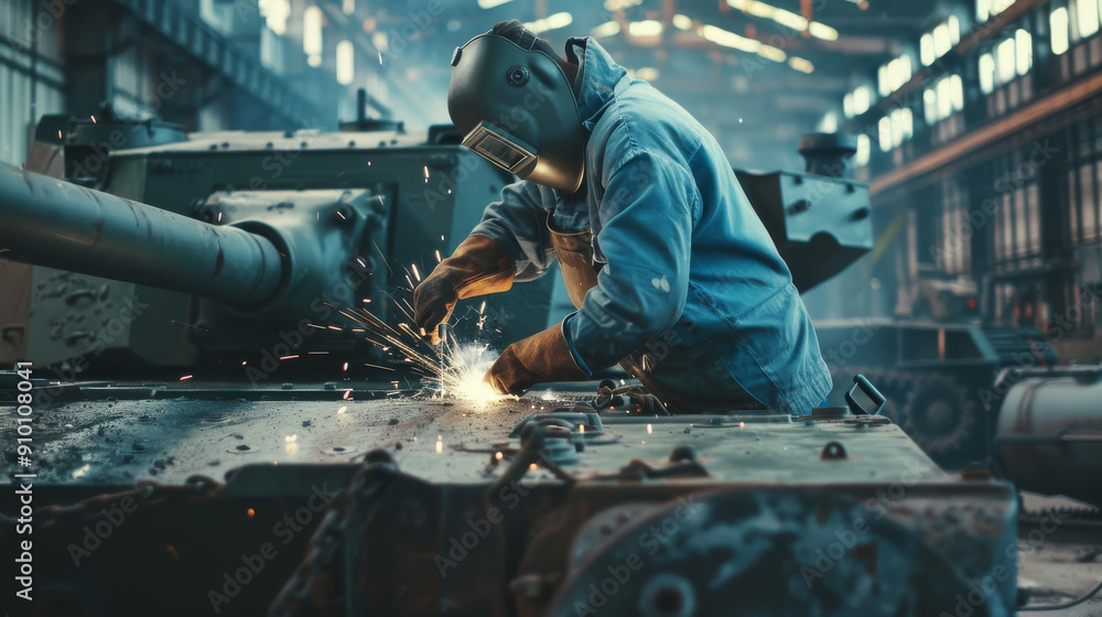 A welder in protective gear sparks as they work on a large tank in an industrial setting, surrounded by machinery and a gritty atmosphere. A welder in protective gear sparks as they work on a large tank in an industrial setting, surrounded by machinery and a gritty atmosphere.