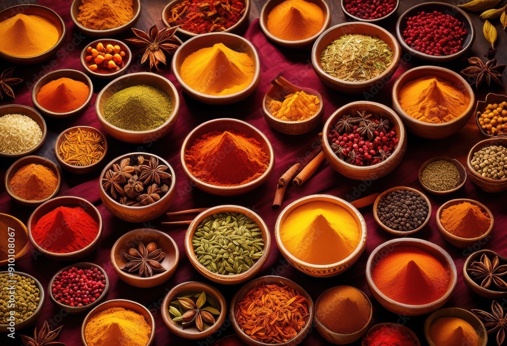 vibrant display fragrant spices colorful bowls artfully arranged textured fabric background, herb, seasoning, ingredient, fragrance, aroma, arrangement vibrant display fragrant spices colorful bowls artfully arranged textured fabric background, herb, seasoning, ingredient, fragrance, aroma, arrangement