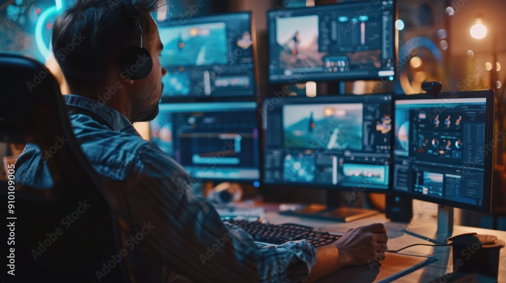 A designer working on a branding project with multiple screens. S A designer working on a branding project with multiple screens. S
