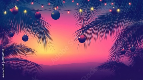 Tropical Sunset with Festive Lights and Palm Silhouettes