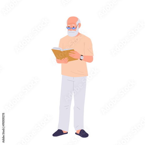 Senior man literature fan cartoon character enjoying reading book standing isolated on white