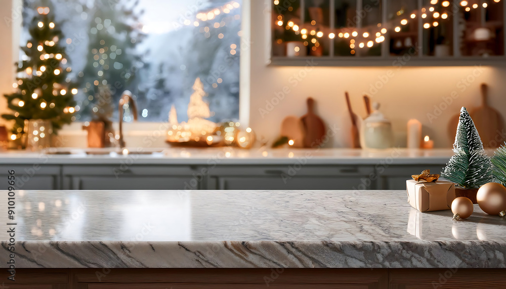 Kitchen Snow Background Cozy winter setting with an empty granite kitchen counter for product ...