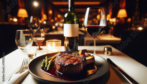 An appetizing, delicious steak dinner in a luxury restaurant accompanied by red wine. Generative A.I.