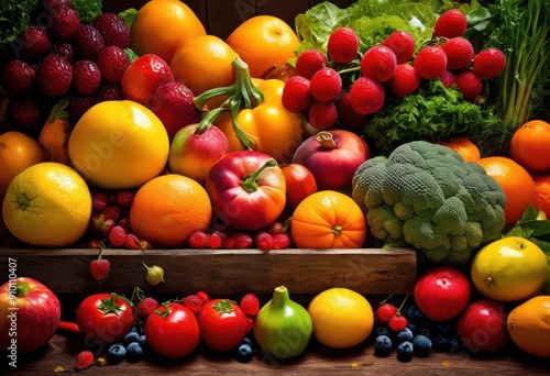 innovatively arranged vibrant seasonal produce displaying freshness colorful variety, arrangement, art, appealing, agriculture, bountiful, bright, cheerful photo