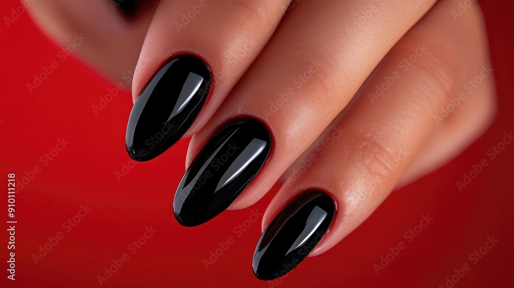 Steps to make beautiful nails: hand painted with black nail polish. Close-up shot on a red background, highlighting the detailed process. Steps to make beautiful nails: hand painted with black nail polish. Close-up shot on a red background, highlighting the detailed process.