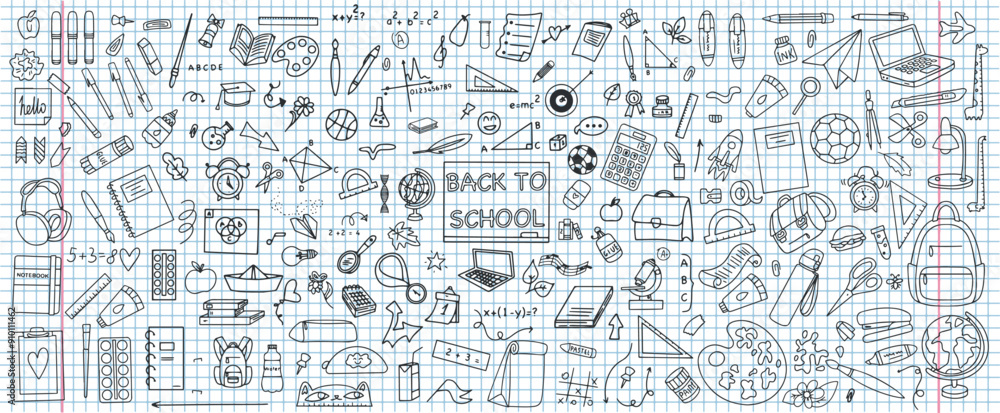 Set of hand drawn stationery designs on a squared notebook background. Back to school concept. School supplies in doodle style. Vector Set of hand drawn stationery designs on a squared notebook background. Back to school concept. School supplies in doodle style. Vector