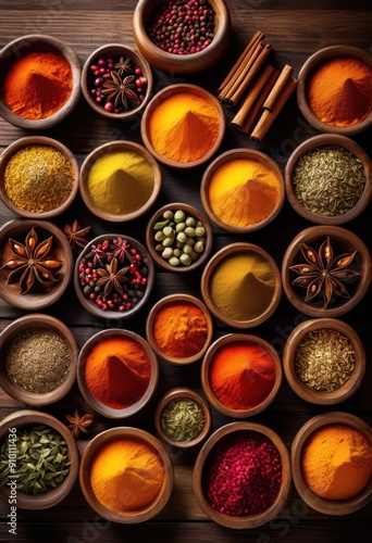 captivating aerial view showcasing array colorful spices elegantly displayed various bowls, diverse, herbs, seasonings, ingredients, culinary, food, flavor