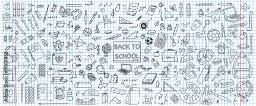 Set of hand drawn stationery designs on a squared notebook background. Back to school concept. School supplies in doodle style. Vector