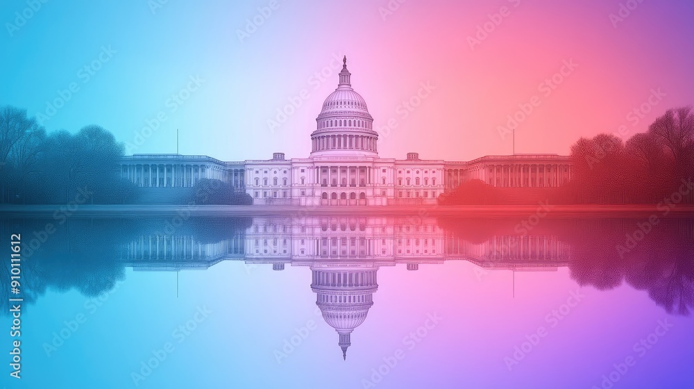 Fototapeta premium The United States Capitol building reflected in a calm pool of water, with a gradient background symbolizing political themes.