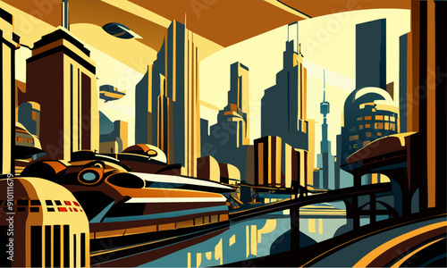 Infographics with a space futuristic landscape of the city of the future.