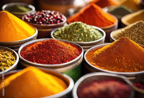 Fototapeta Naklejka Na Ścianę i Meble -  vibrant close rich spice textures showcasing colorful array spices intricate details varied tones captivating visual experience, seasoning, flavor, aroma