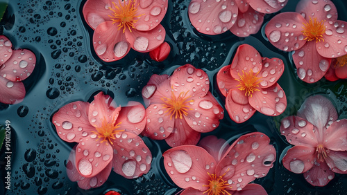 water drops on flowers Top View. flower background