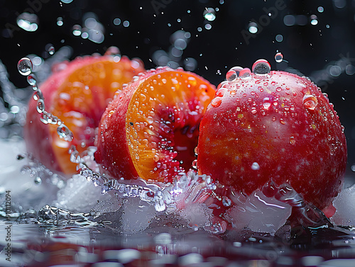 Vibrant fruit splashing with water and ice on elegant black background photo