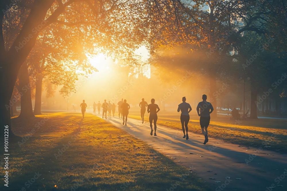 Silhouettes of runners jogging in a park at sunrise, surrounded by mist and illuminated by golden light. Silhouettes of runners jogging in a park at sunrise, surrounded by mist and illuminated by golden light.