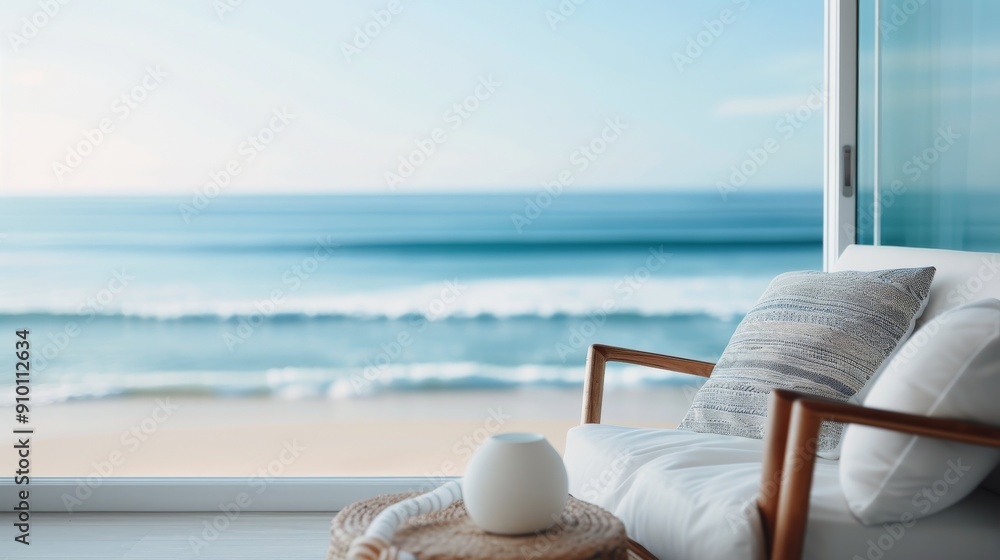 Obraz premium Relaxing Beach View From a Cozy Chair in a Modern Living Space