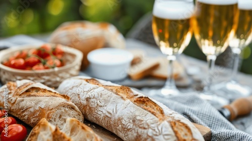 Cozy Picnic With Fresh Bread and Beer in a Sunny Meadow