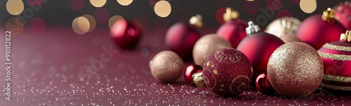 Festive Red and Gold Christmas Ornaments on a Sparkling Background