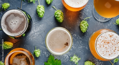 Craft Beers Arranged on a Dark Table With Fresh Hops