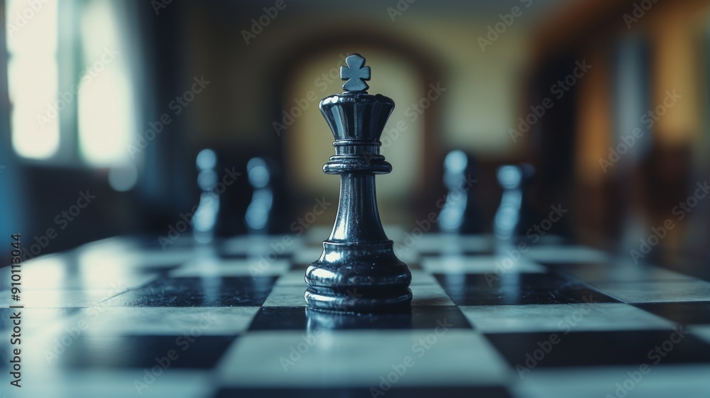 Close-Up of a Chess King Piece on a Chessboard with Blurred Background in Natural Light Close-Up of a Chess King Piece on a Chessboard with Blurred Background in Natural Light