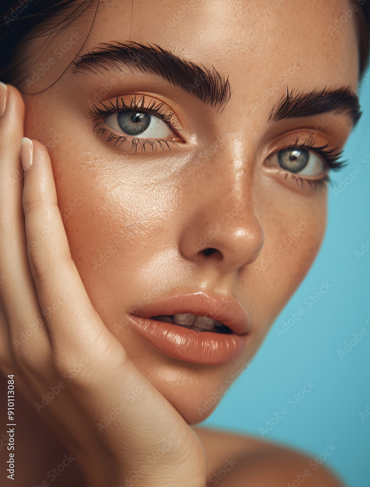 Beautiful woman close-up portrait, with thick eyebrows and perfect skin, posing for beauty magazine Beautiful woman close-up portrait, with thick eyebrows and perfect skin, posing for beauty magazine