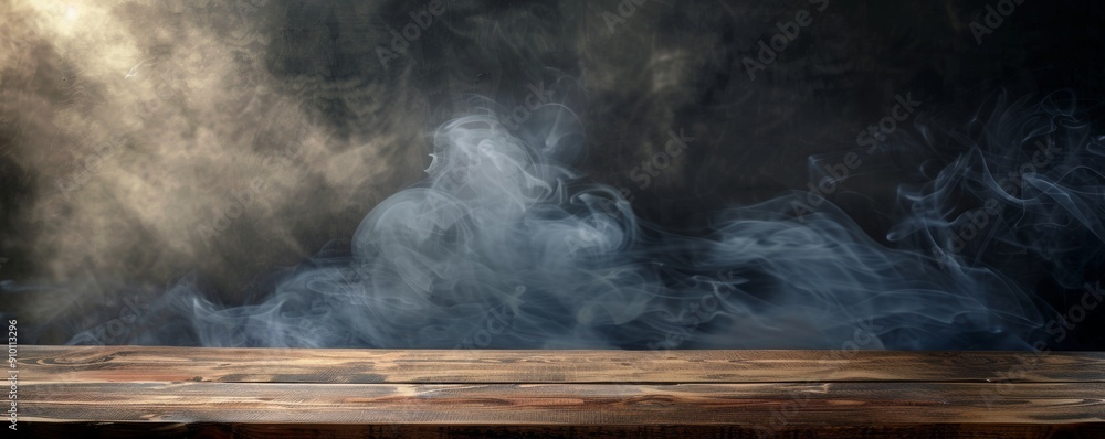 empty wooden table with smoke floating up on a dark background, Halloween, product presentation empty wooden table with smoke floating up on a dark background, Halloween, product presentation