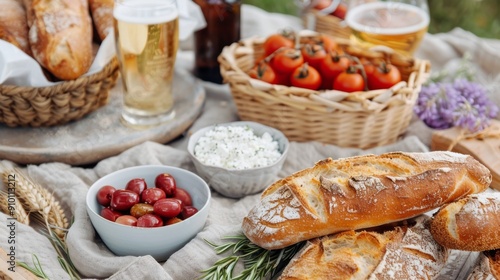 Cozy Picnic With Fresh Bread and Beer in a Sunny Meadow