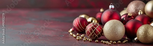 Festive Red and Gold Christmas Ornaments on a Sparkling Background